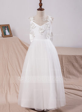 A-Line Floor Length Flower Girl Dress with Sleeveless Jewel Neck and Lace Sash Ribbon main image 0
