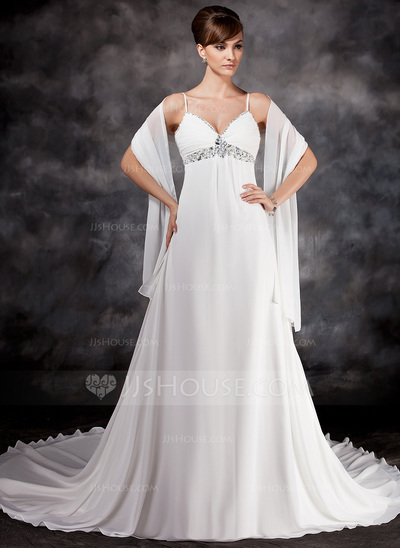 Wedding Dresses Jewel Neck Chapel Train Chiffon Lace Regular Straps Mordern See-Through with Sashes Ribbons main image 1