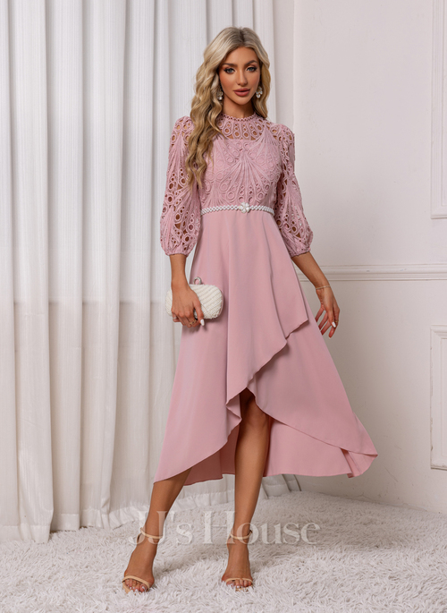 JJ's House Illusion 3 4 Sleeve A-line Charmeuse Lace Asymmetrical Midi Dress 2026 - Size: L, Pink JJ's House Illusion 3 4 Sleeve A-line Charmeuse Lace Asymmetrical Midi Dress 2026 - Size: L, Pink