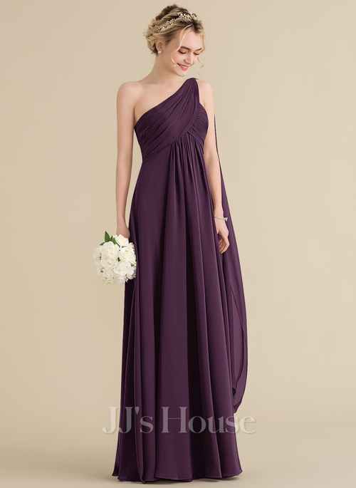 navy blue dress for baby girl A-Line One-Shoulder Floor-Length Chiffon Bridesmaid Dress, Slate Blue / 2 main image 1