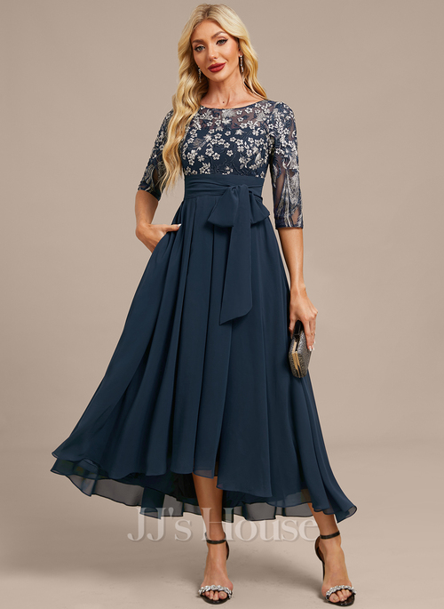 JJ's House A-line Scoop Illusion Asymmetrical Chiffon Lace Mother of the Bride Dress 2026 With Bow - Size: 02, Dark Navy, Blue JJ's House A-line Scoop Illusion Asymmetrical Chiffon Lace Mother of the Bride Dress 2026 With Bow - Size: 02, Dark Navy, Blue
