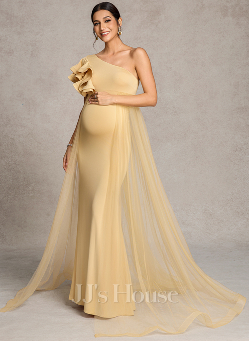 JJ's House Sheath Column One Shoulder Sweep Train Tulle Jersey Maternity Formal Dress 2026 With Ruffle - Size: 22, Champagne, Neutral. Plus Size.