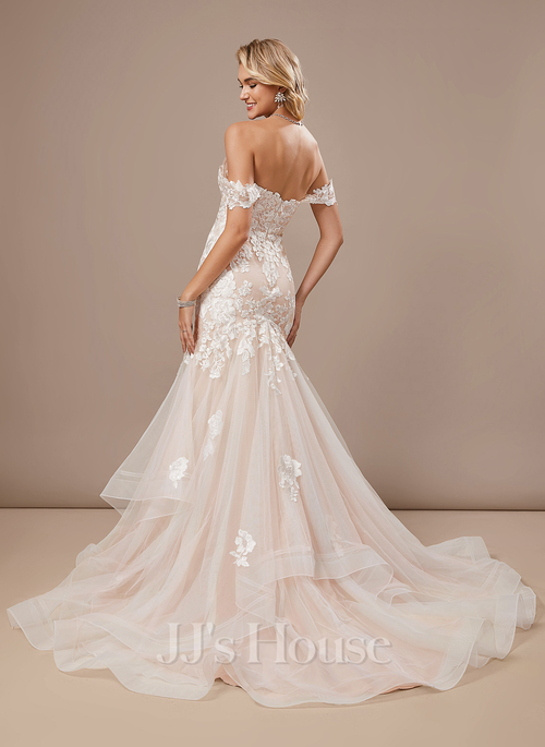 JJ's House Trumpet Mermaid Off the Shoulder Court Train Lace Tulle Wedding Dress 2026 - Size: 22, Ivory-Nude. Plus Size Available.