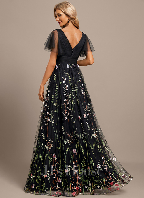 knee length dresses for ladies Lace Bodice Flutter Sleeve Pleated A-Line Maxi Bridesmaid Dress main image 0