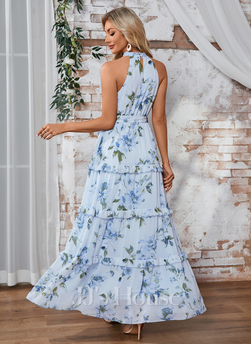 JJ's House Ruffle Floral Print Halter Sleeveless A-line Chiffon Maxi Dress 2026 - Size: S, Blue