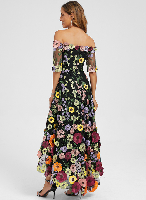 JJ's House A-line Off the Shoulder Asymmetrical Ankle-Length Lace Floral Cocktail Dress 2026 With 3D Floral - Size: 06, Black Floral