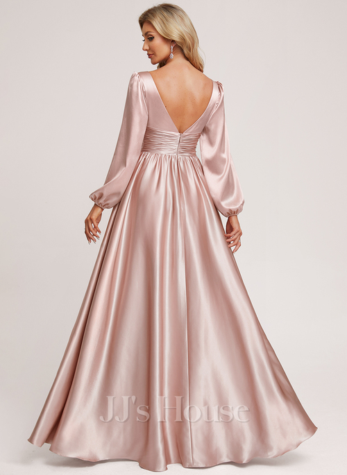 chinese dress ladies Puffy Sleeves Satin Bridesmaid Dresses Long – Lisposa main image 1
