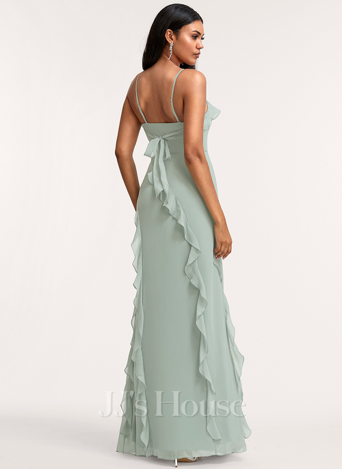 a-line square floor-length chiffon bridesmaid dress with ruffle Square Neck Chiffon Maxi Bridesmaid Dress with Flutter Sleeves