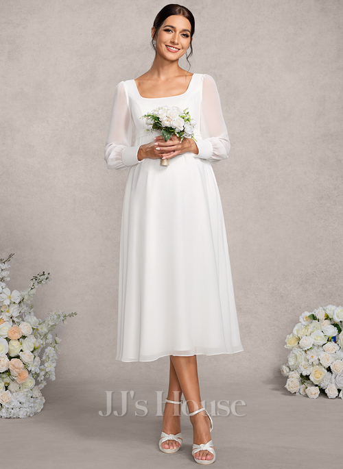 JJ's House A-line Square Tea-Length Chiffon Maternity Wedding Dress 2026 With Bow - Size: 4.5, Ivory, White