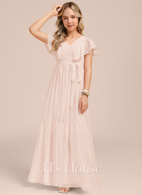 chiffon bridesmaid dress with straps dideyttawl Junior Bridesmaid Dresses Ruffle Sleeve Square Neck Chiffon A-Line Flower Girl Dress with Slit 2508, Champagne / 12