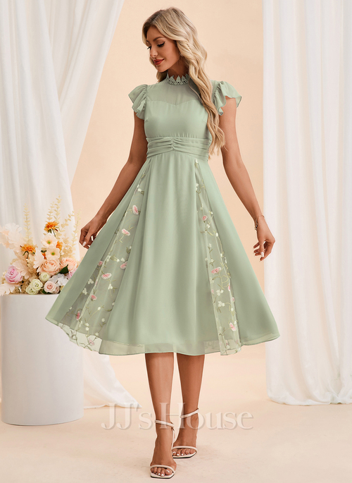 JJ's House High Neck Short Sleeve Flutter Sleeve A-line Chiffon Tulle Midi Dress 2026 - Size: L, Celadon, Green JJ's House High Neck Short Sleeve Flutter Sleeve A-line Chiffon Tulle Midi Dress 2026 - Size: L, Celadon, Green