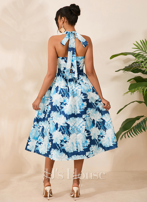 JJ's House Floral Print Halter Sleeveless A-line Printed Fabric Midi Dress 2026 - Size: S, Blue