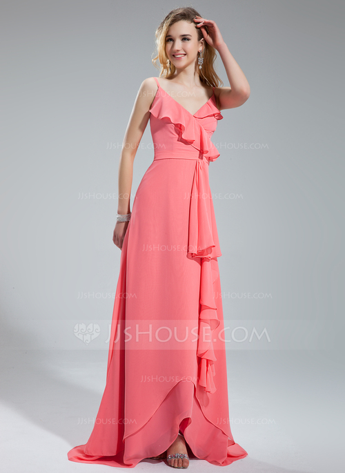 a-line v-neck asymmetrical chiffon bridesmaid dress with ruffle Anne Klein Women's Long Sleeve Floral Print Tie Waist Wrap Midi Dress Red / L main image 0