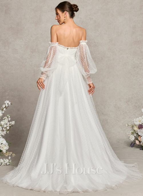 JJ's House A-line Straight Sweep Train Tulle Maternity Wedding Dress 2026 With Bow Ruffle - Size: 04, Ivory, White