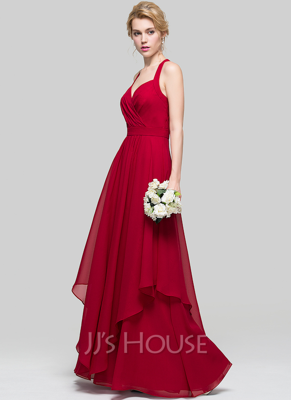 A-Line/Princess Chiffon Sleeveless Ruched Floor-Length Baby Shower Wedding Dresses with Ruffles