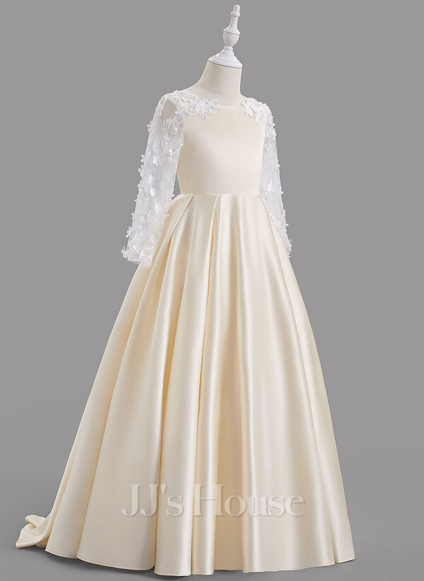 A-Line Sweep Train Flower Girl Dress - Satin Long Sleeves Scoop Neck ...
