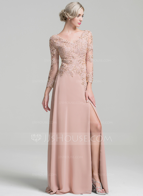 A-Line/Princess V-Neck Chiffon Mother of the Bride Jumpsuit Floor-Length Ruched 3/4 Sleeves main image 1