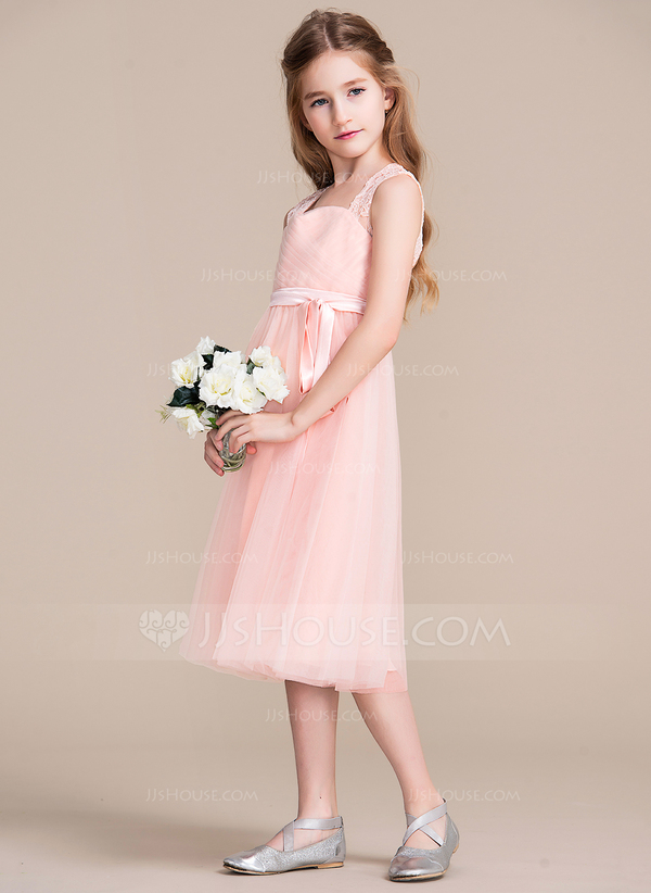 A-Line Jewel Neck Lace/Tulle Junior Bridesmaid Dress with Bow(s) for Wedding Party main image 1
