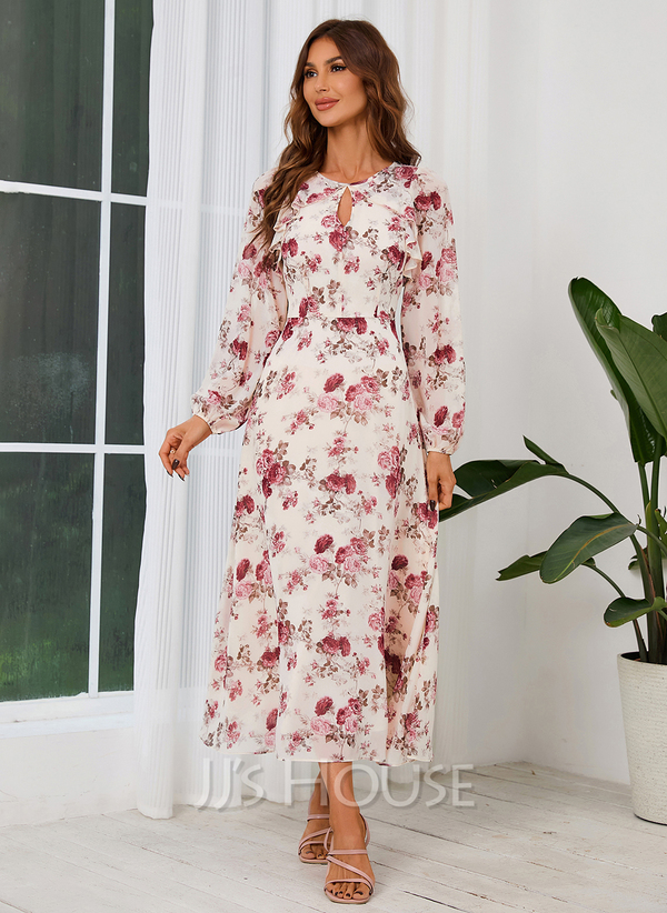 Black Floral Print Round Neck Long Sleeves Casual Dress main image 0