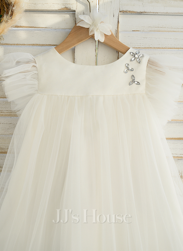A-Line Jewel Neck Flower Girl Dress with Tier and Sleeveless Satin Tulle Knee Length main image 0
