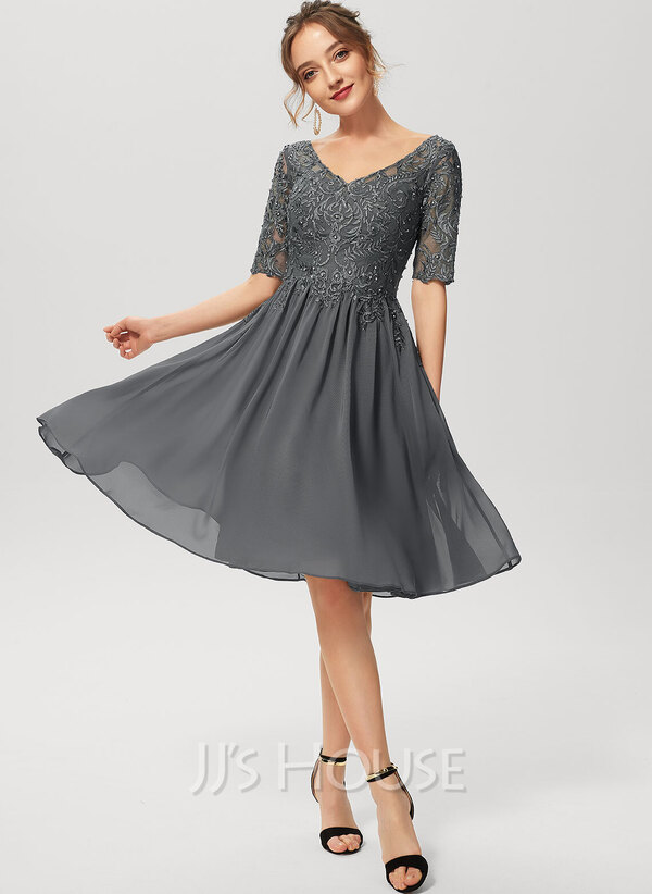 A-Line V-neck Knee-Length Chiffon Lace Cocktail Dress With Beading ...