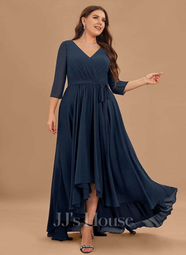 A-Line V-neck Asymmetrical Chiffon Bridesmaid Dress With Pleated ...