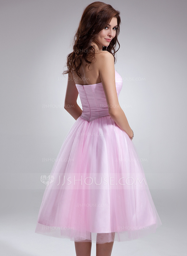 A Line Two Piece Tea Length Pink Tulle Bridesmaid Dress with Pearls LBQB0065 main image 0