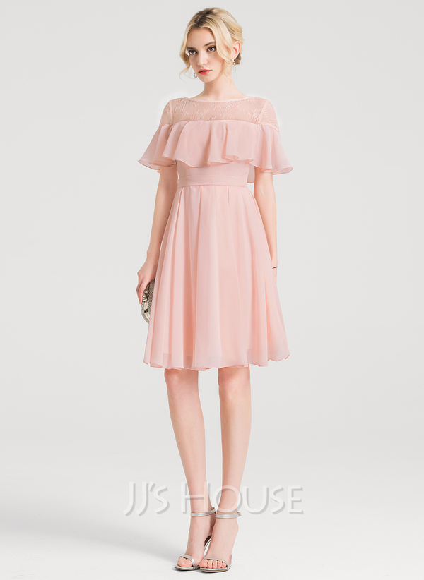 Satin A Line Scoop Neck Ruffles Cocktail Dresses