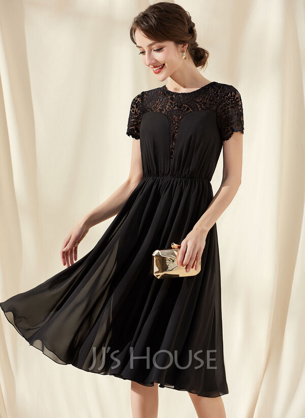 A-Line Scoop Neck Knee-Length Chiffon Lace Cocktail Dress With Ruffle ...
