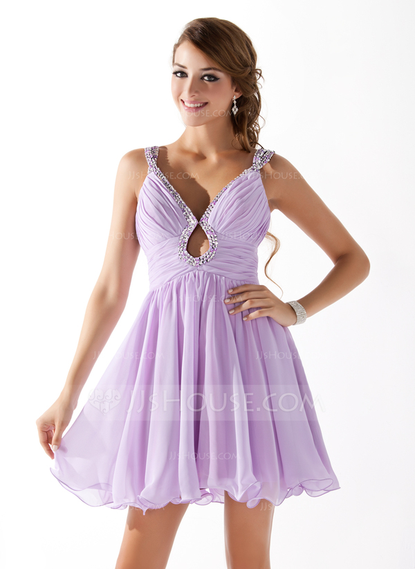 A-Line/Princess V-neck Short/Mini Chiffon Homecoming Dress With Ruffle ...