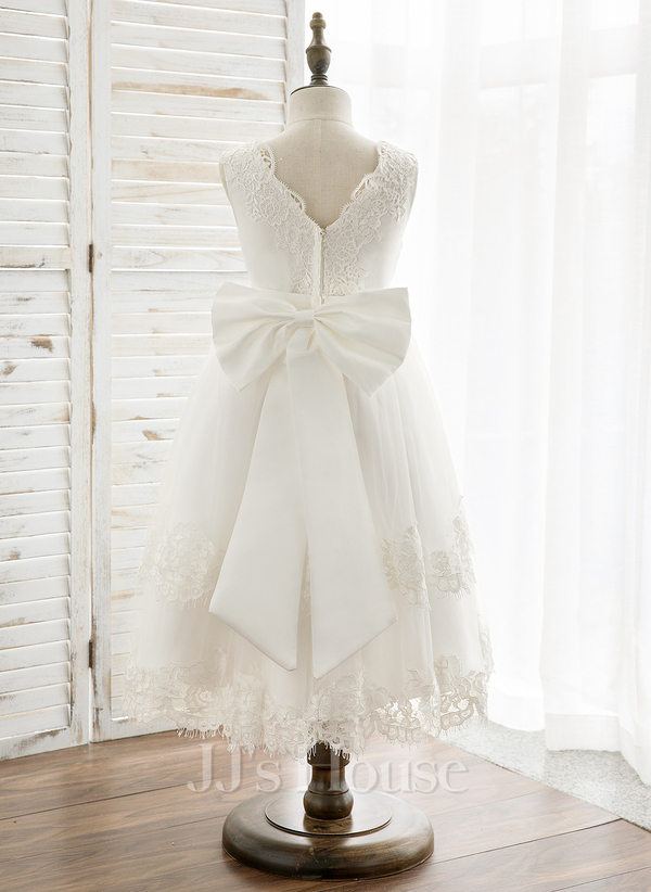 A-Line Tea Length Tulle Lace Flower Girl Dress CF0347