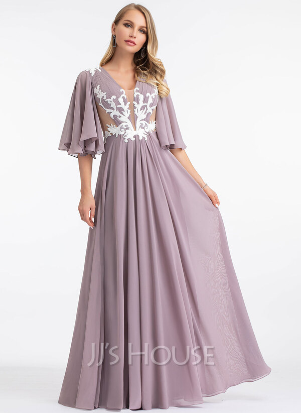A-Line V-neck Floor-Length Chiffon Evening Dress With Lace (017198647 ...