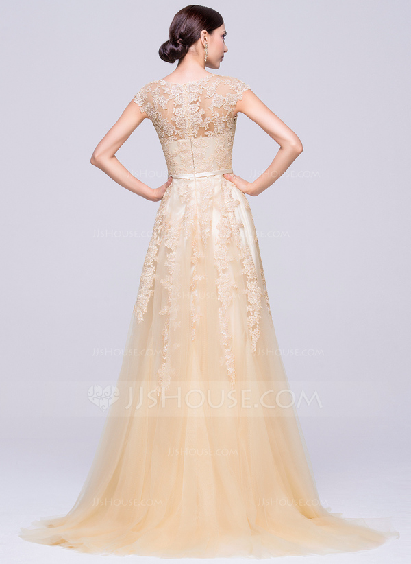 A Line Tulle Lace Appliques Sweep Train Evening Dress Senior Prom dress  cg7507 main image 1