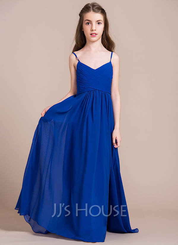 A-Line/Princess V-neck Floor-Length Chiffon Junior Bridesmaid Dress ...