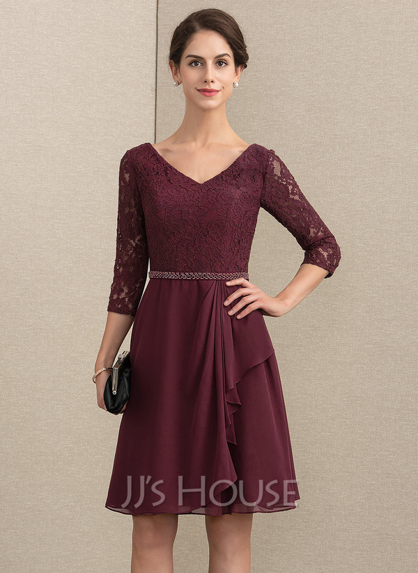 A-Line V-neck Knee-Length Chiffon Lace Cocktail Dress With Beading ...