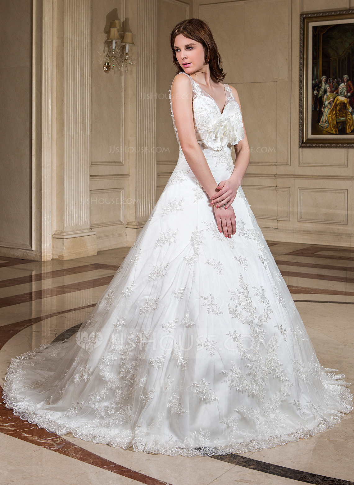 Princess A-Line Wedding Dresses V Neck Chapel Train Lace Satin Sleeveless Wedding Dress in Color with Lace Ruched Flower main image 0