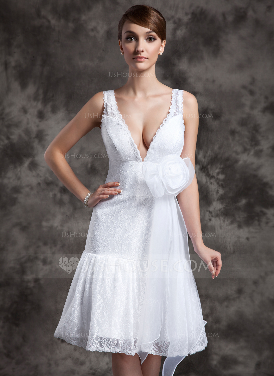 A-Line/Princess V-Neck Knee-Length Lace Baby Shower Wedding Dresses with Sash main image 1