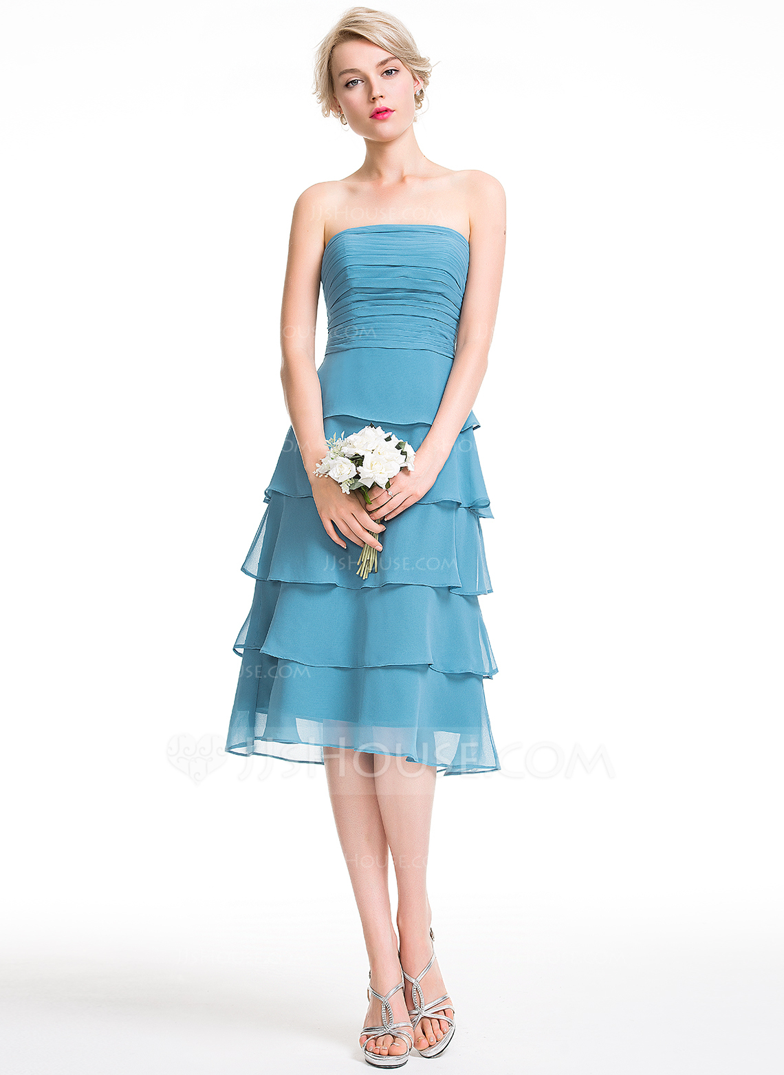 Grau Blau A Linie Rückenfreies Korsett Chiffon Brautjungfernkleid