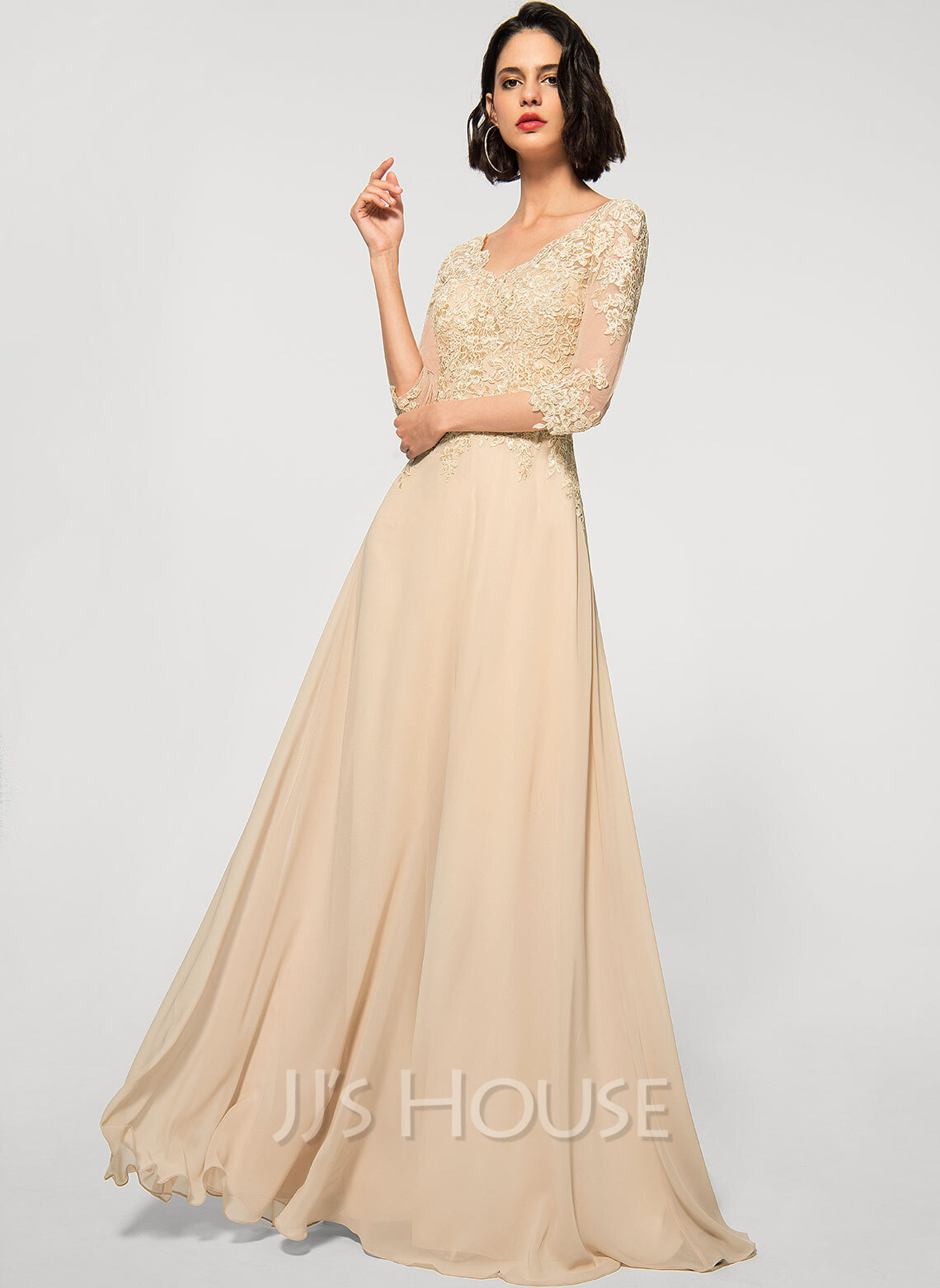 A-Line V-neck Floor-Length Chiffon Lace Evening Dress (017219190) - JJ ...