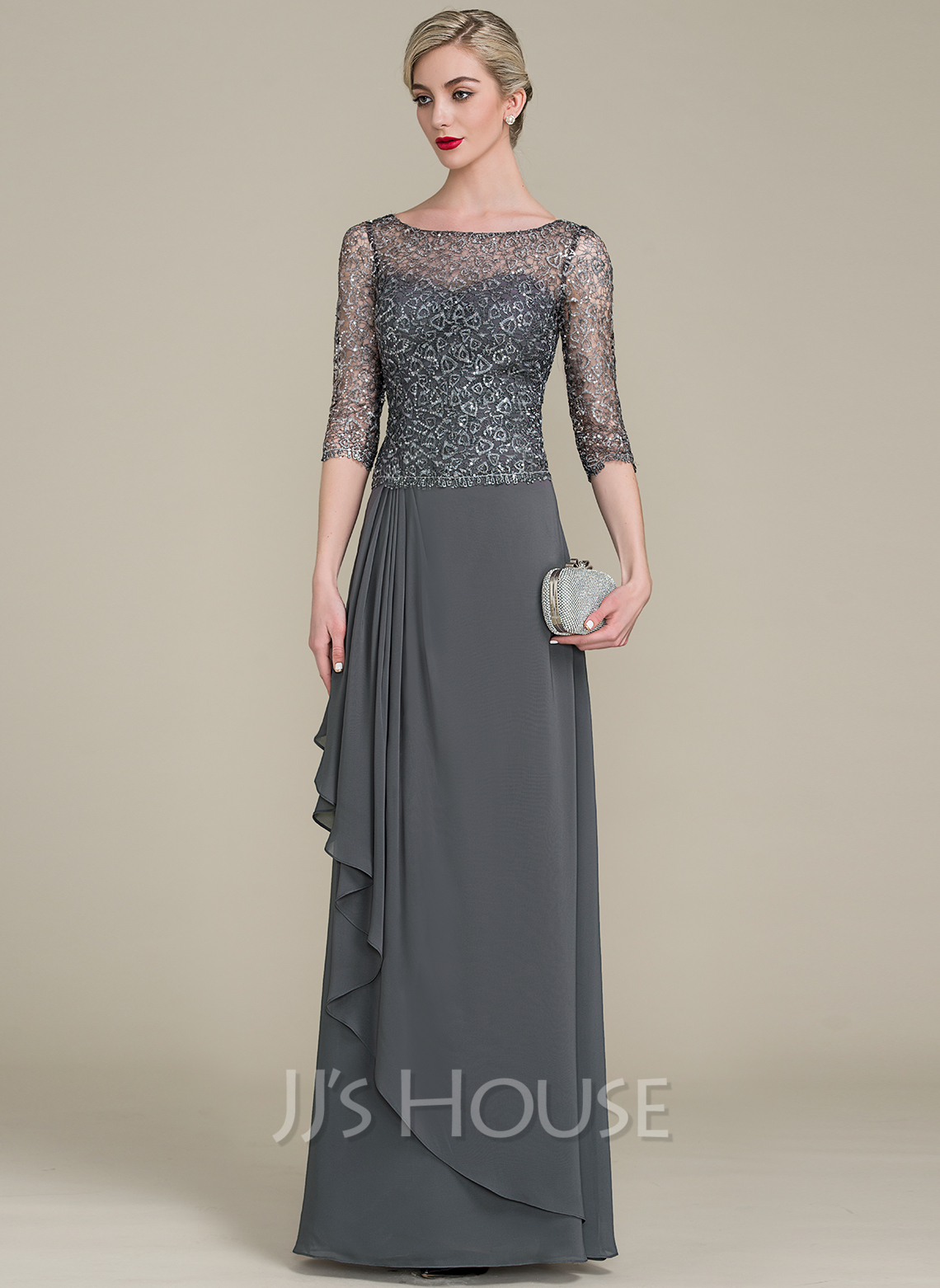 Chiffon Scoop Neck Floor-Length Luxurious Plus Size Mother of the Bride Dress with Beading Sequins main image 0