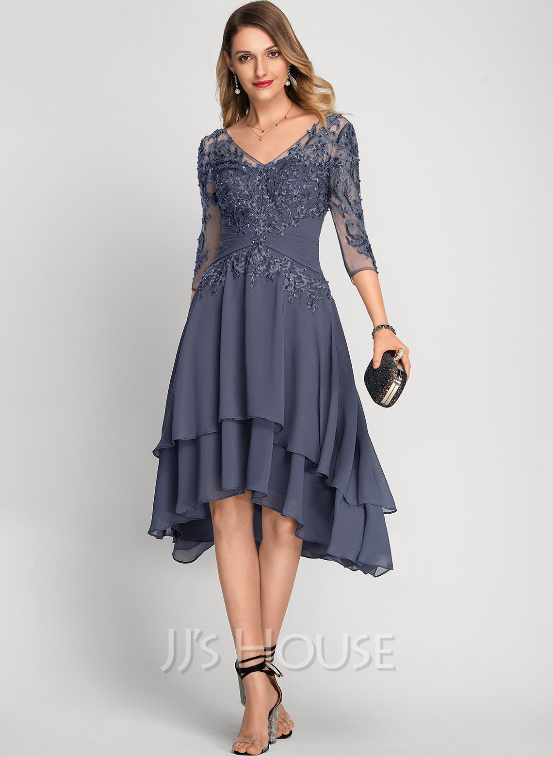A-Line V-neck Asymmetrical Chiffon Cocktail Dress With Beading Sequins ...