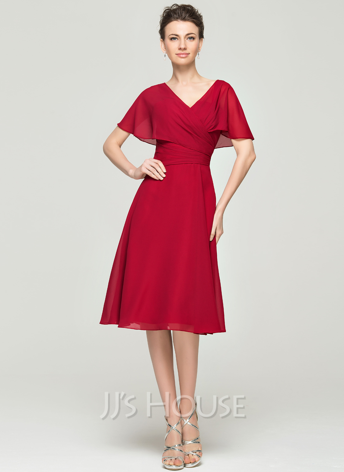 A-Line V-neck Knee-Length Chiffon Cocktail Dress With Ruffle (016111361 ...
