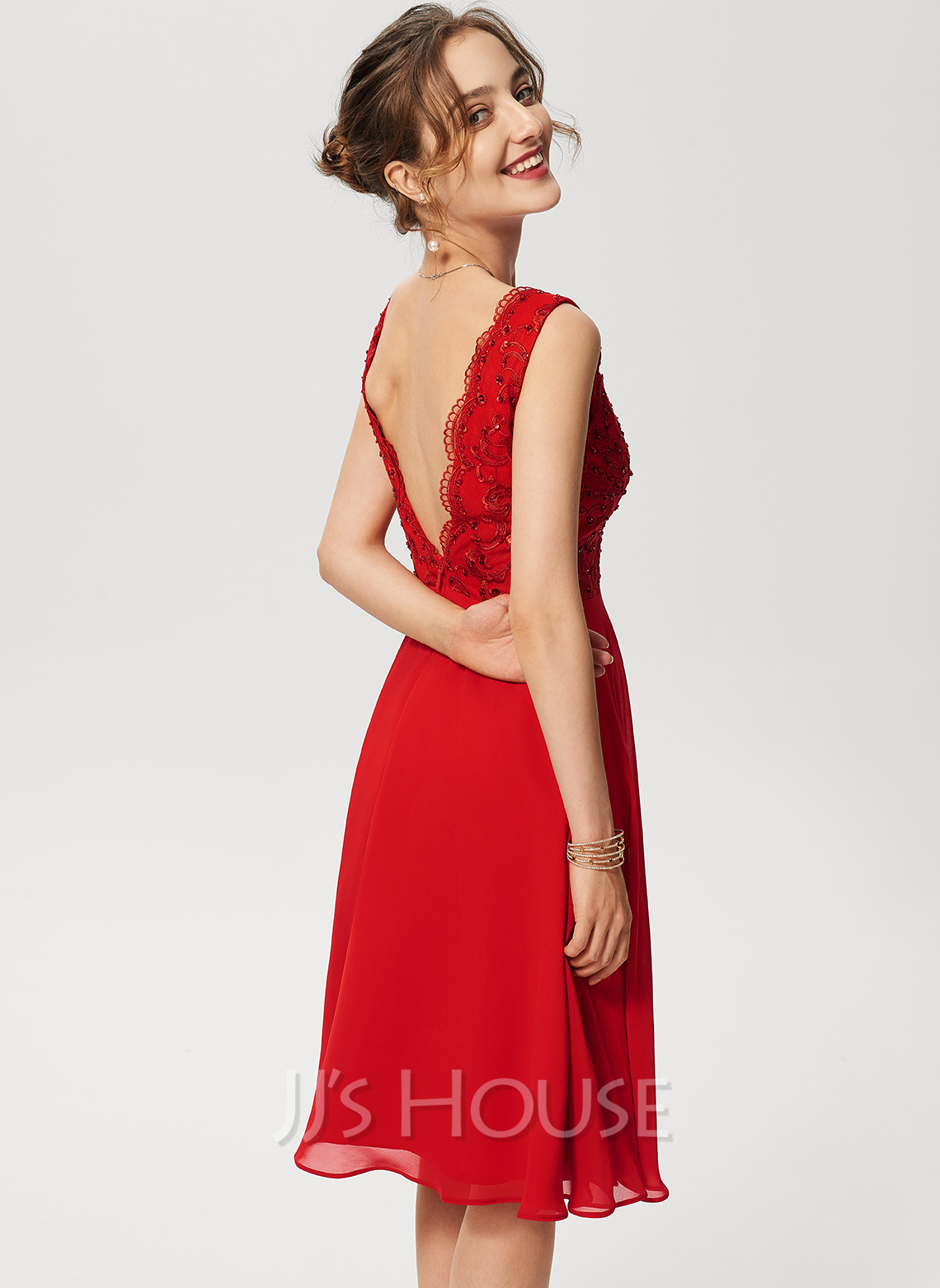 A-Line V-neck Knee-Length Chiffon Lace Cocktail Dress With Beading ...
