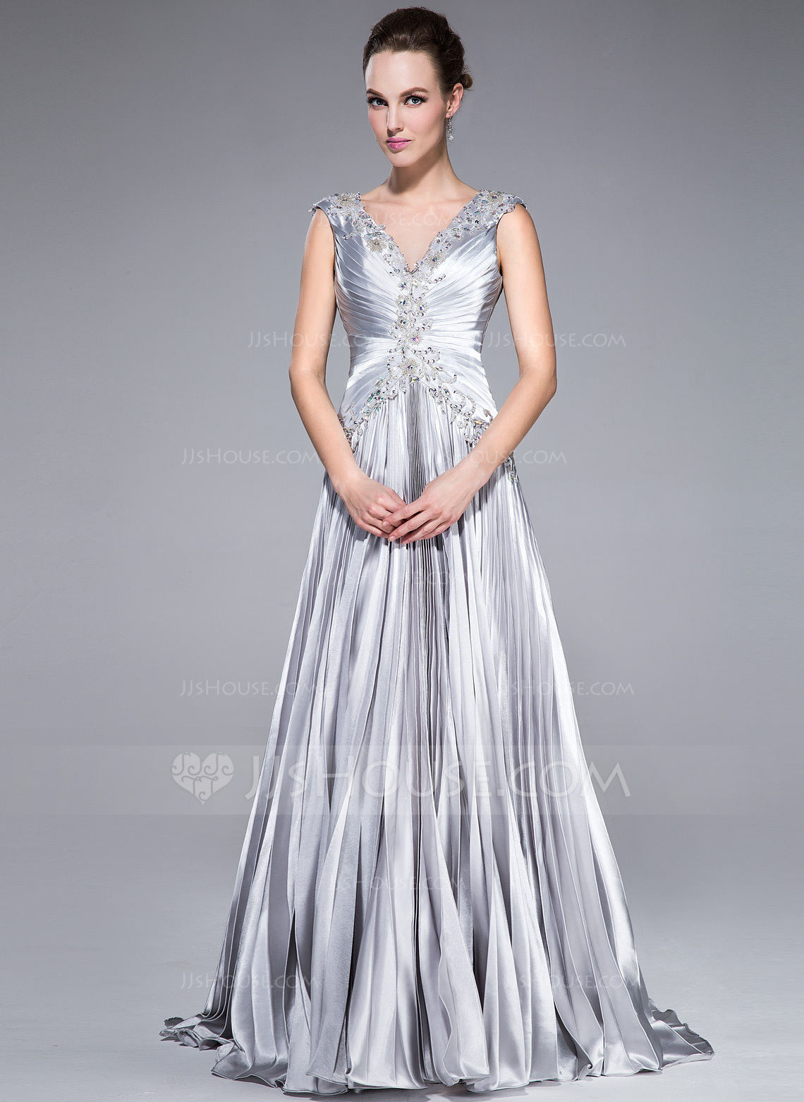 A-Line/Princess V-neck Sweep Train Stretch Crepe Prom Dresses With Leg Slit main image 0