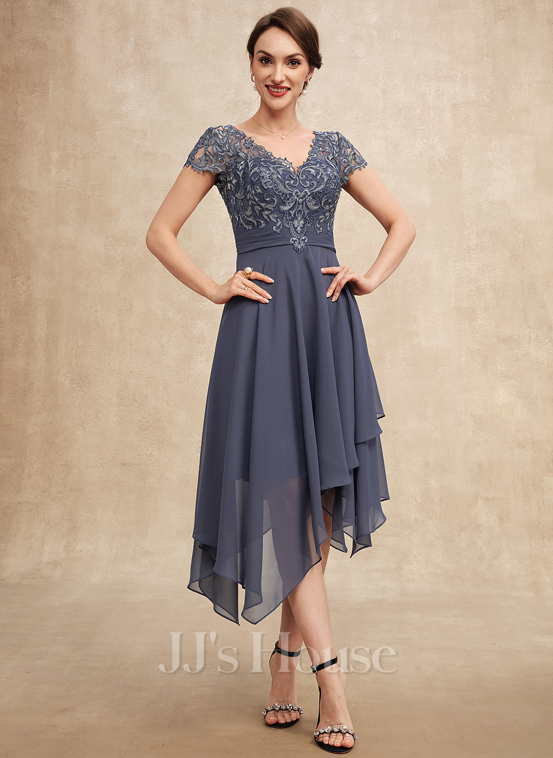 A-line V-Neck Asymmetrical Chiffon Lace Lace Chiffon Mother of the ...