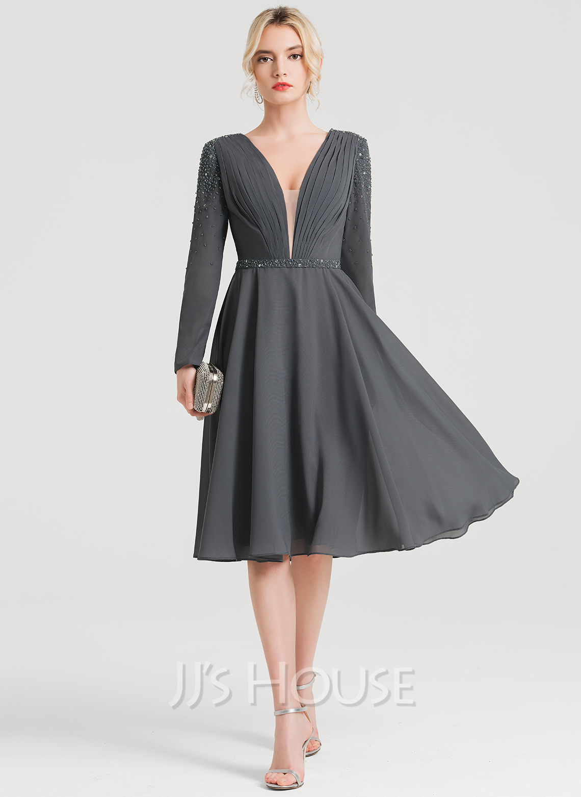 A-Line V-neck Knee-Length Chiffon Cocktail Dress With Ruffle Beading ...