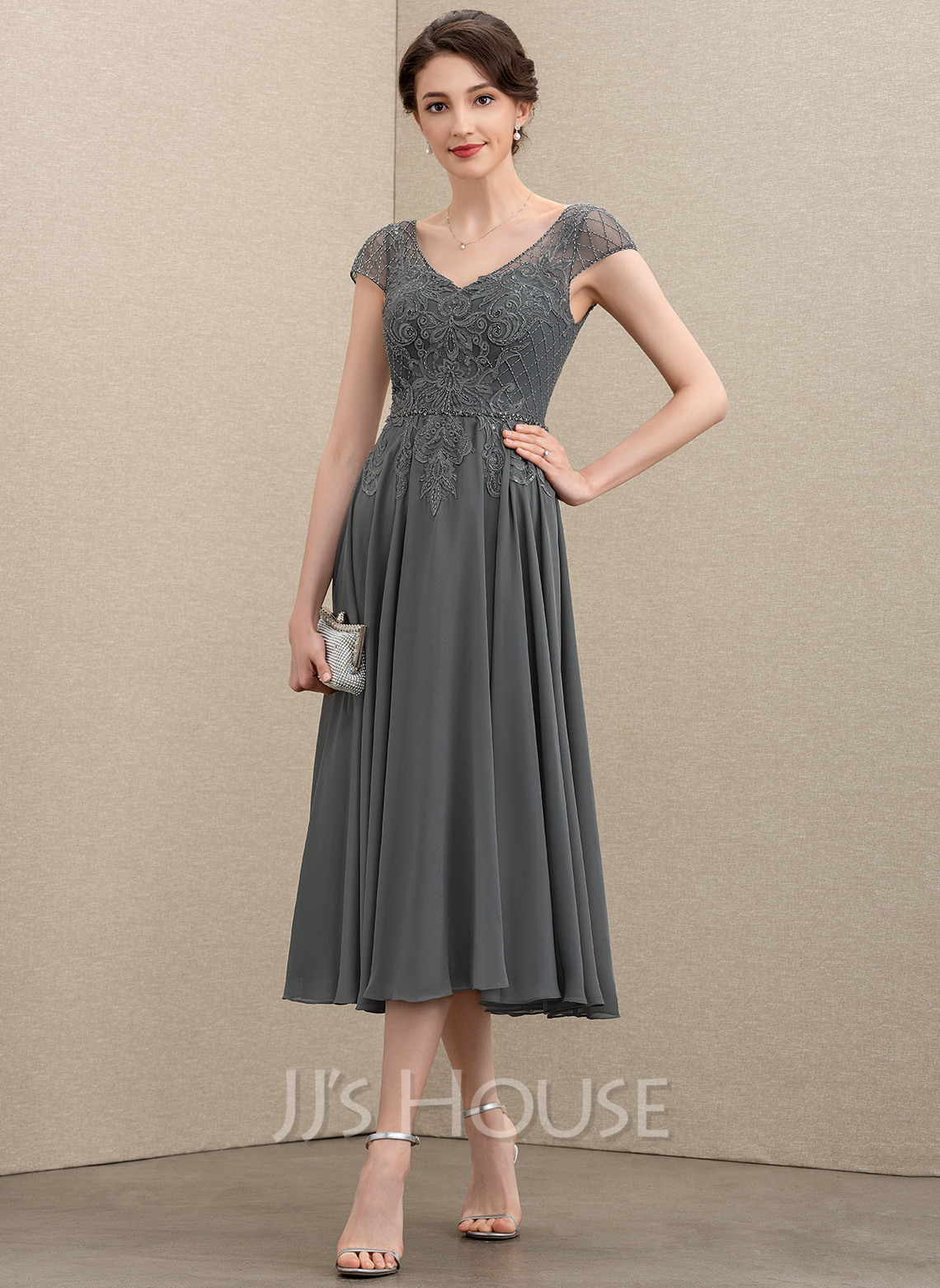 Chiffon A Line V Neck Tea Length Formal Dresses main image 1