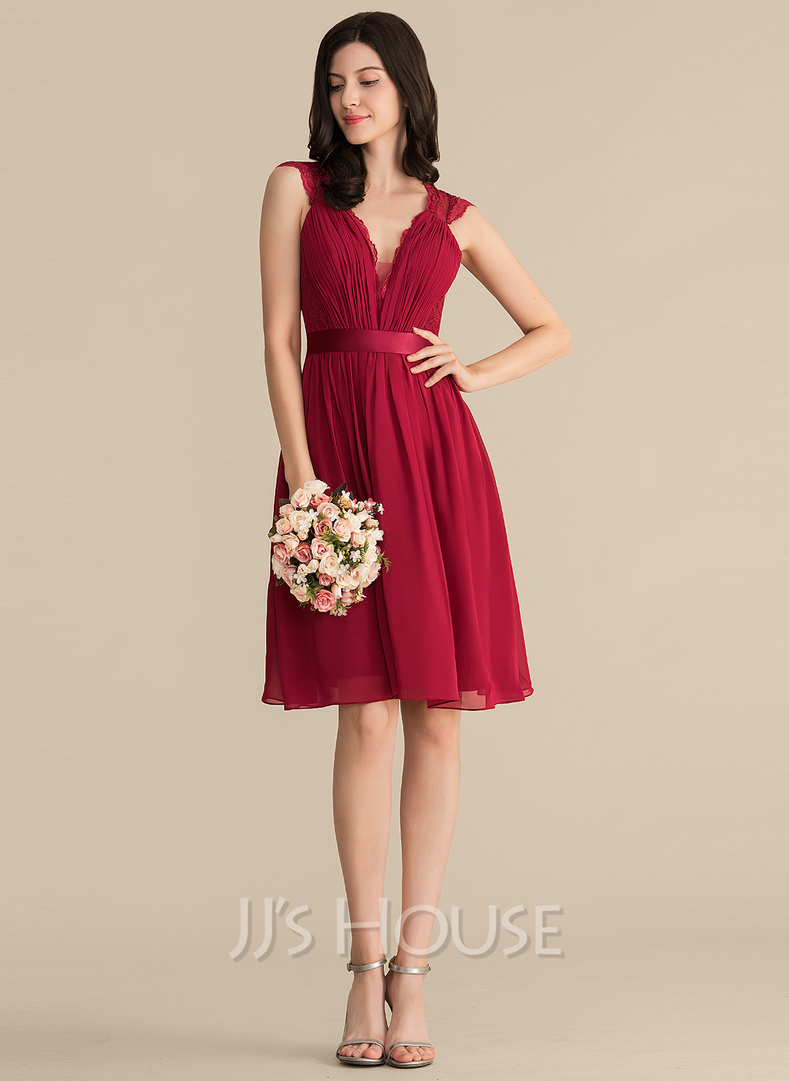 A-Line V-neck Knee-Length Chiffon Lace Cocktail Dress With Ruffle ...