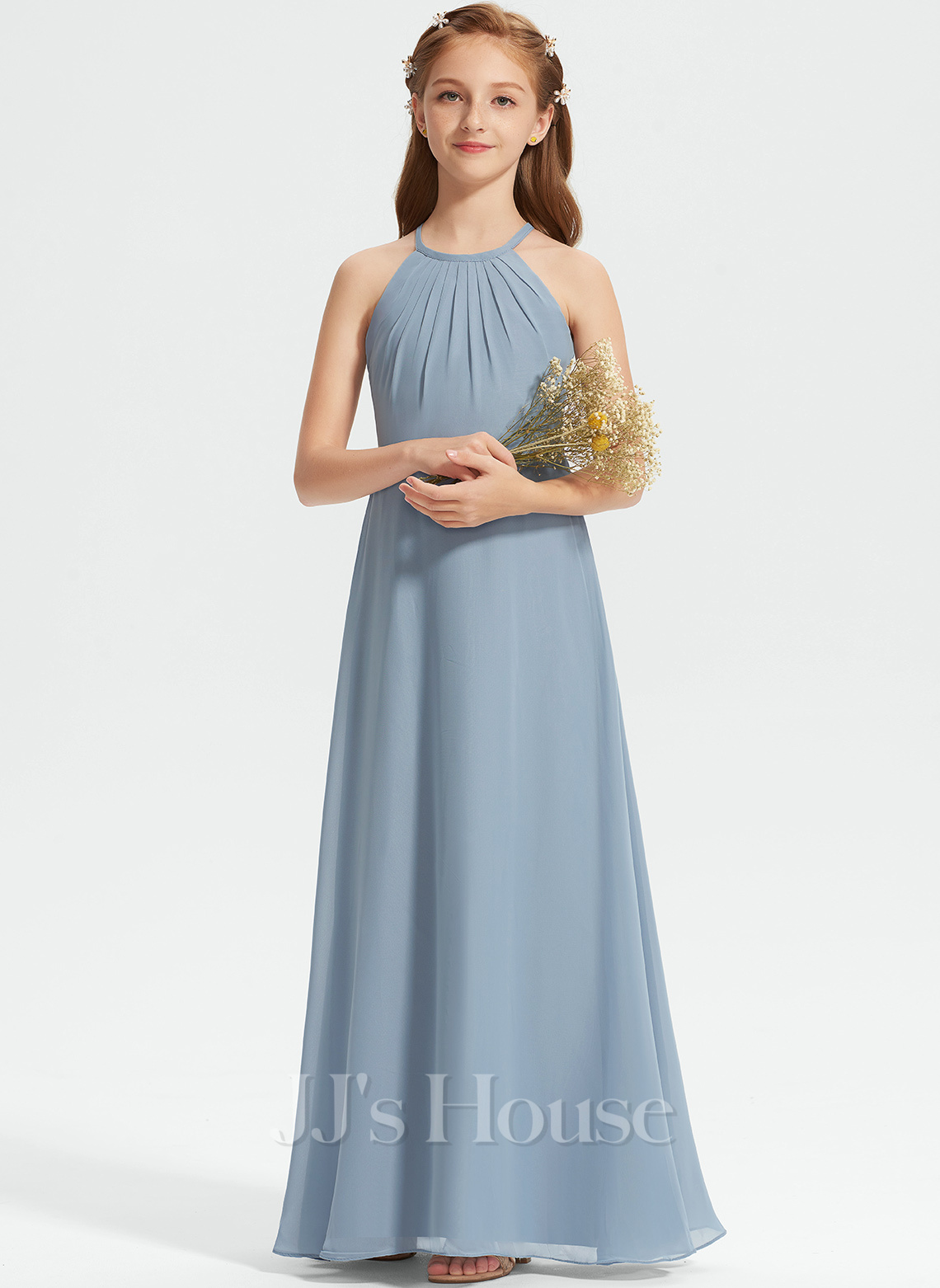 Halter Neck Pleated Long Chiffon Junior Bridesmaid Dress Silver