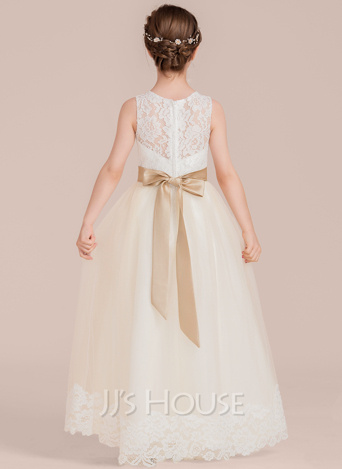 Ball-Gown Jewel Neck Short Sleeves Floor-Length Flower Girl Dress with Lace